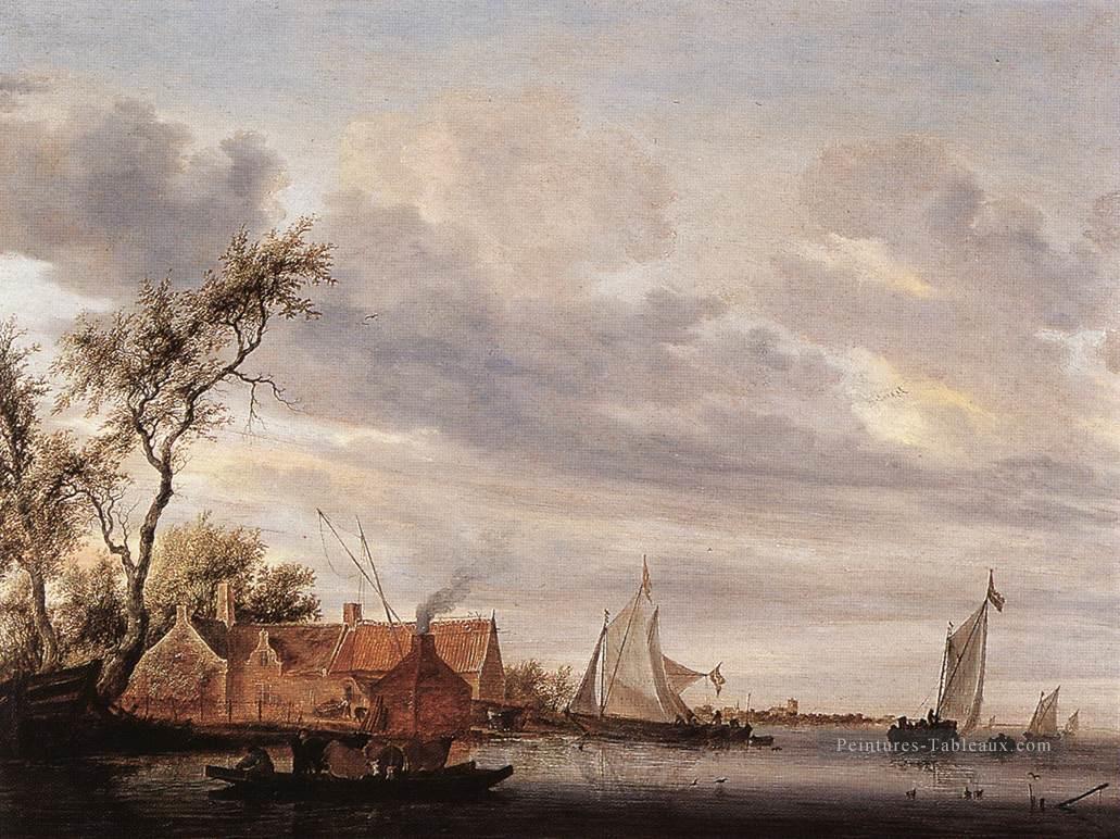 Scène de rivière avec Farmstead Bateau paysage marin Salomon van Ruysdael Peintures à l'huile